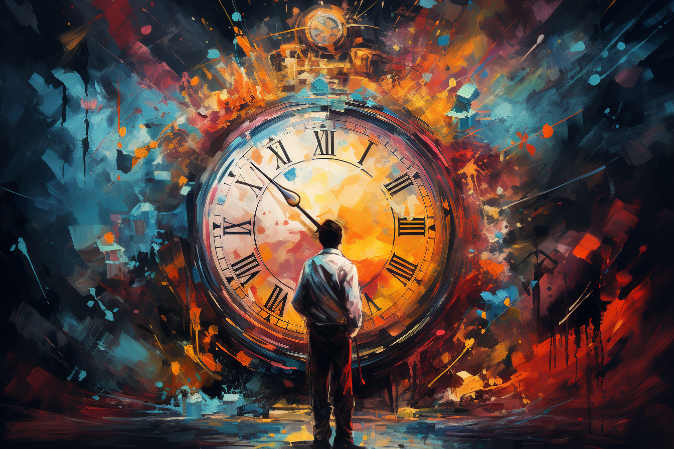 Homme devant une horloge pour symboliser l'écoulement du temps